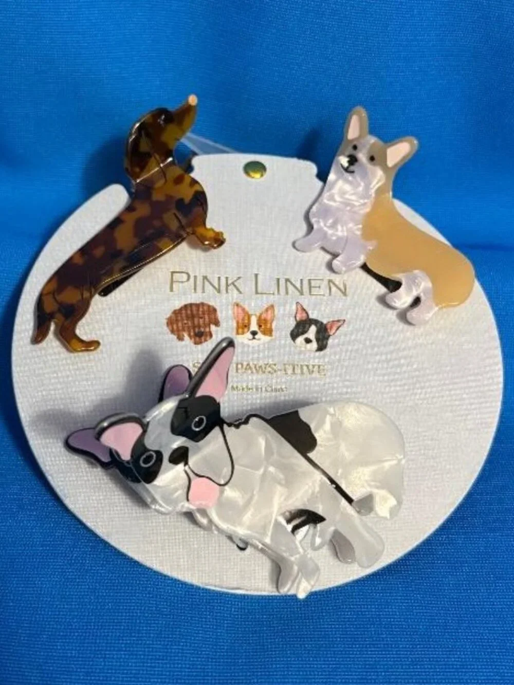 PINK LINEN DOG HAIR CLIPS FRENCHIE / BOSTON TERRIER & DACHSHUND & PEMBROKE CORGI